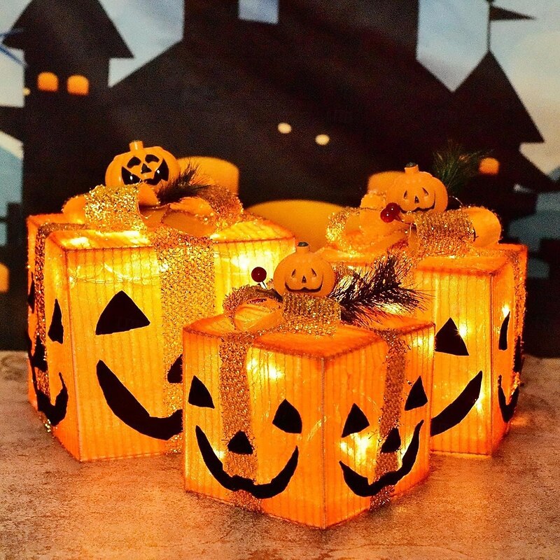 1 Set of 3 Pcs 15.5/20.5/25.5CM Halloween pumpkin face glowing gift box decoration light indoor and outdoor party atmosphere light AAA battery box3