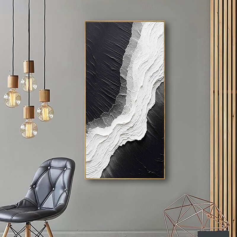 Handmade Oil Painting Canvas Wall Art Decoration Modern Abstract Landscape Black and White Wave Texture for Home Decor Rolled Frameless Unstretched Painting3