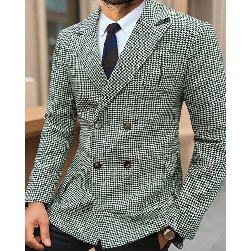 Men's Blazer Business Cocktail Party Wedding Party Fashion Casual Spring Fall Polyester Houndstooth Pocket Buttons Comfortable Double Breasted Blazer Green