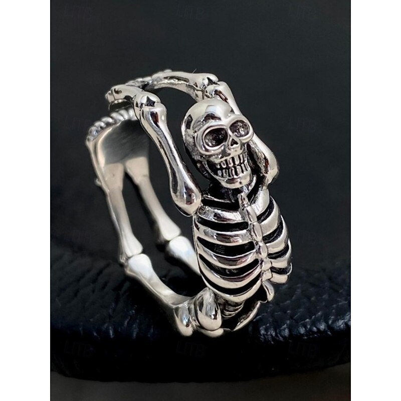 Women's Halloween Skeleton Hug Ring — Adjustable Open Wrap Band, Silver-Tone Alloy Gothic Punk Skull & Bones Design, Statement Jewelry for Costume Parties, Cosplay & Night Out