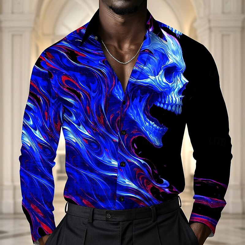 Men's Skull Shirt Satin Shirt Dress Shirt Long Sleeve Dark Punk Gothic Style Vacation Dailywear Summer Spring Fall Turndown 3D Print Button Up Shirts Red Dark Blue2
