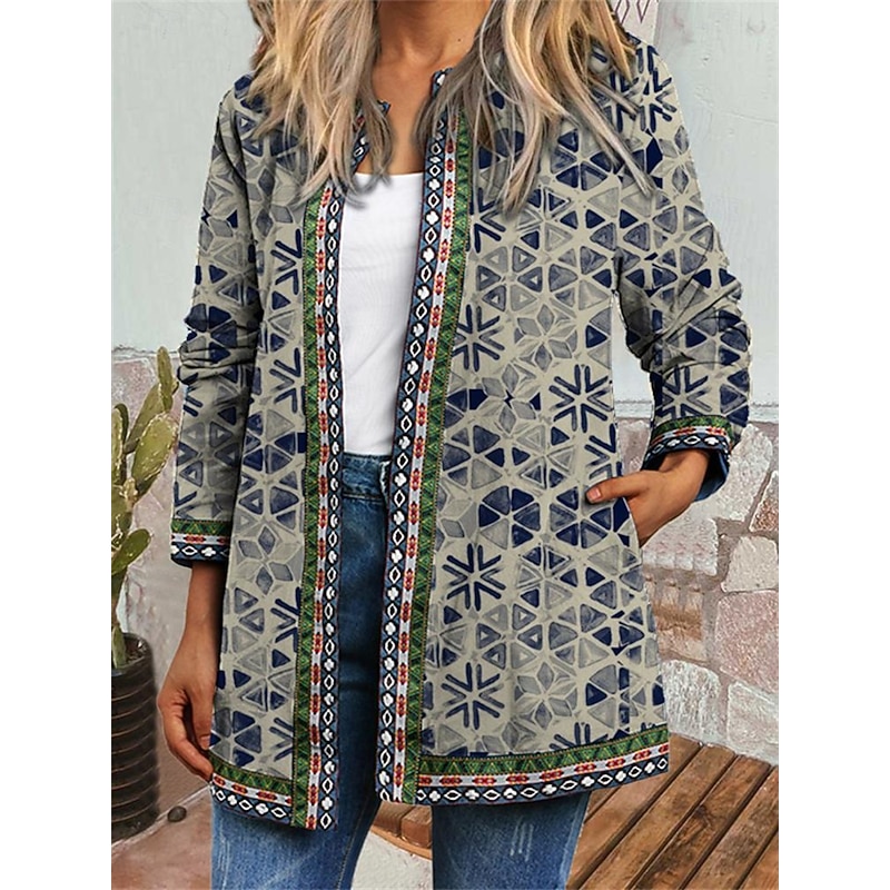 Women's Casual Jacket Windproof Warm Pocket Color Block Open Front with Pockets Modern Floral Casual Daily Casual Daily Short Crewneck Regular Fit Long Sleeve Outerwear Red Blue Khaki Fall4