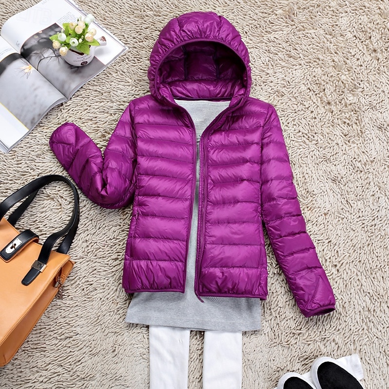 Women's Down Jacket Warm Comfortable Zipper Pocket Fashion Outdoor Plain Daily Wear Going out Weekend Zipper Regular Hooded Regular Fit Long Sleeve Outerwear White Red Purple Fall Winter