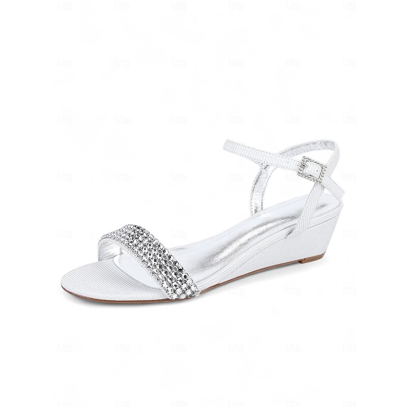 Women's Champagne Rhinestone Wedge Sandals - Open Toe Glitter Dress Shoes with Ankle Strap for Cocktail Parties and Elegant Evenings4