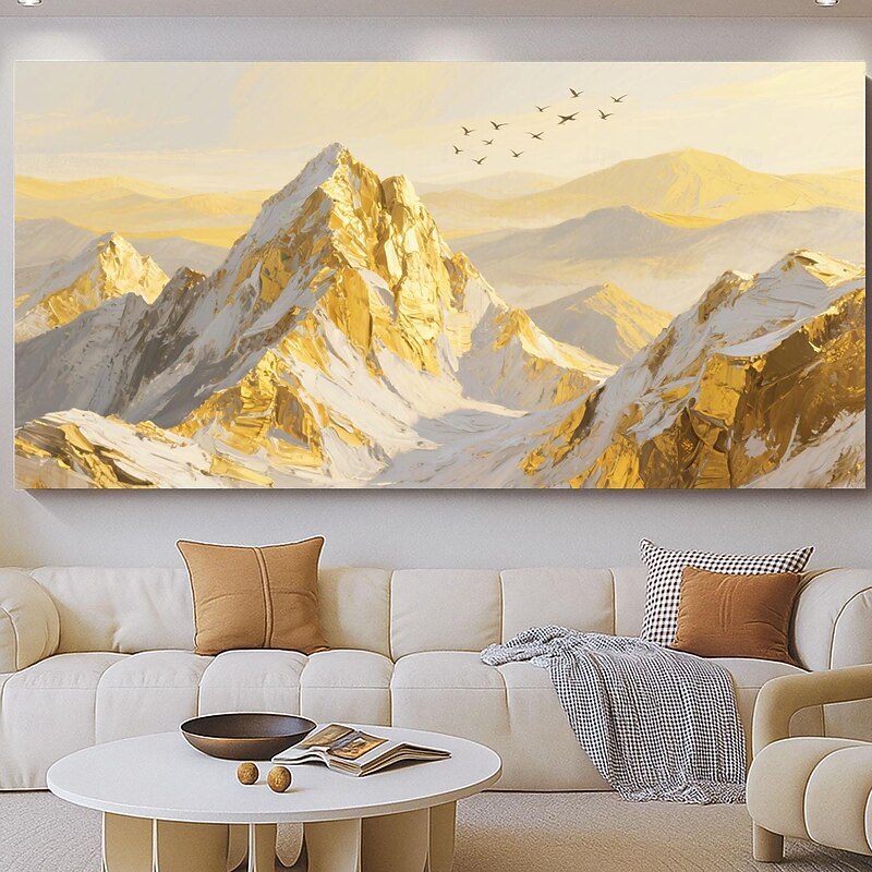 Large Golden Mountains On Canvas Original Gold Wall Art 3D Texture Impasto Abstract Natural Landscape Boho Decor Living Room Home Decor