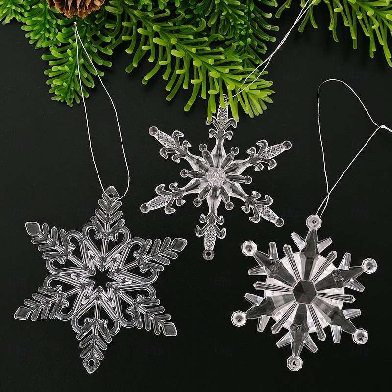 6PCS Christmas Crystal Snowflake Ornaments, Acrylic Transparent Snowflake Hanging Decorations, Pink Icicle Snowflake Ornaments 3-Color Hanging Pendants for Holiday Tree Party Home Decor2