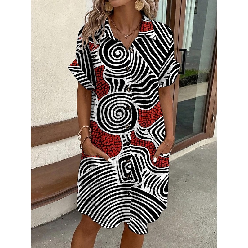 Women's Mini Dress Shirt Dress Casual Dress Print Dress Fashion Modern Daily Beach Weekend Regular Fit Geometric Short Sleeve Shirt Collar Black Summer Spring Fall Autumn