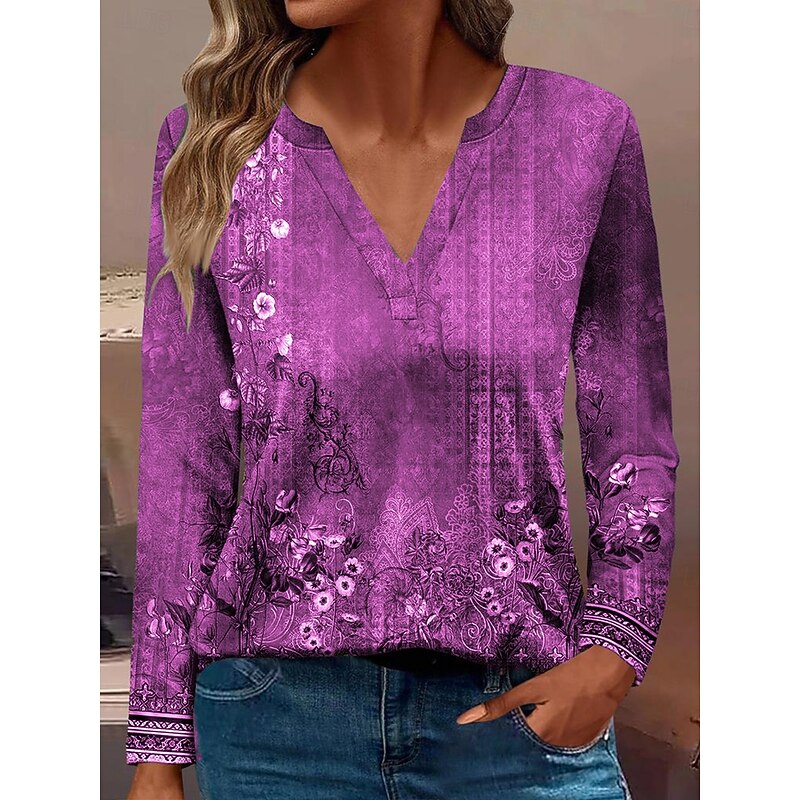 Women's T Shirt Floral Casual Long Sleeve Notched Neck Regular Tops Daily Buttons Print Red Blue Purple Green Spring Fall3