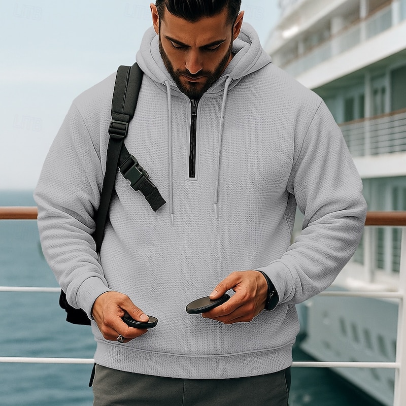 Men's Hoodie Pullover Hoodie Sweatshirt Quarter Zip Hoodie Black White Blue Khaki Gray Hooded Plain Textured Sports & Outdoor Casual Daily Streetwear Cool Sportswear Spring &  Fall Clothing Apparel2