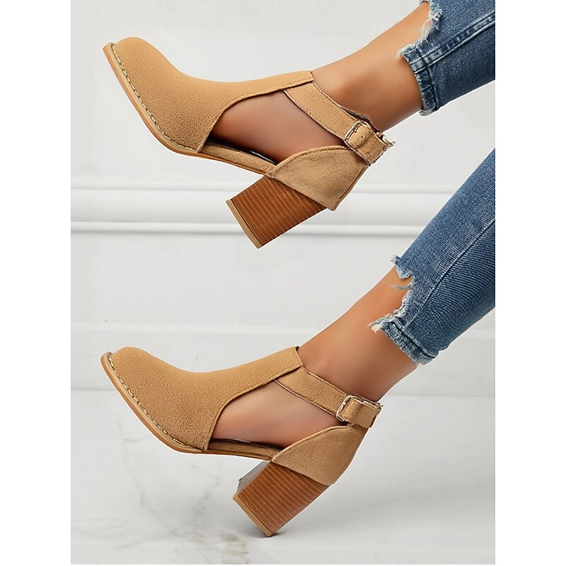 Women's Tan Suede Cut-Out Ankle Boots with Block Heels - Perfect for Casual Outings, Spring and Fall Fashion, and Stylish Everyday Wear4