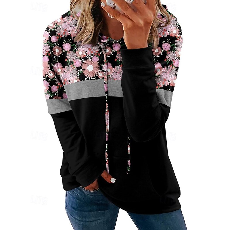 Women's Pullover Hoodie Sweatshirt Floral Streetwear Casual Long Sleeve Hooded Regular Tops Home Street Holiday Print Light Pink Black Pink Navy Blue Purple Fall3