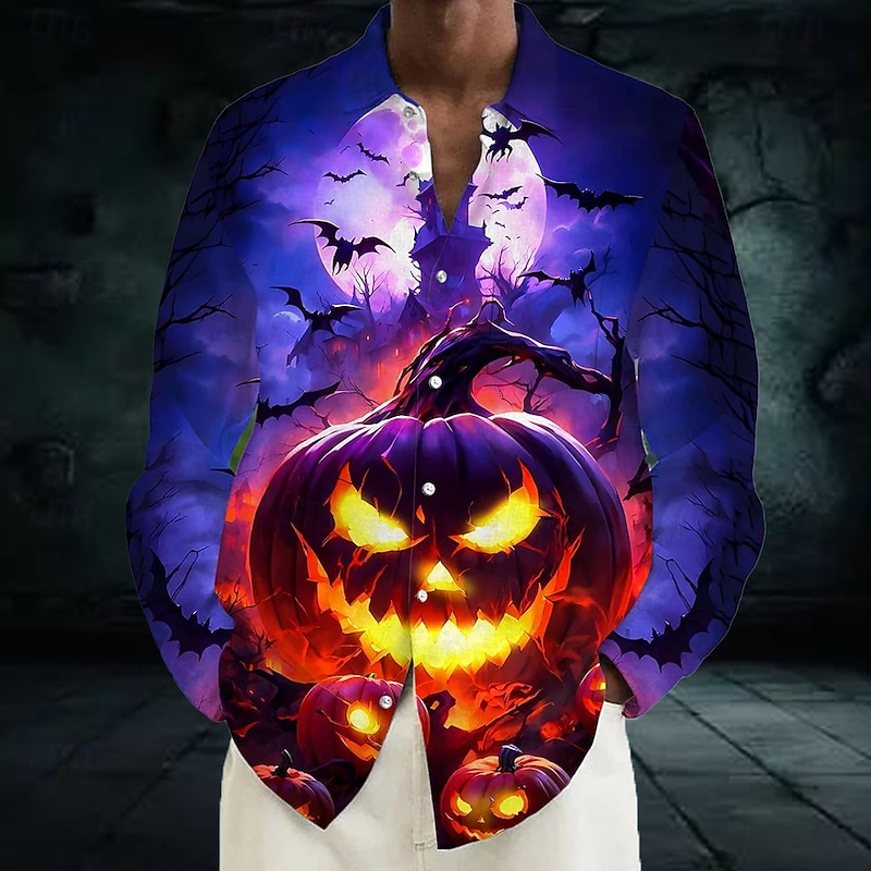 Men's Pumpkin Bat Halloween Costumes Shirt Button Up Shirt Long Sleeve Dark Gothic Style Holiday Spring Fall Turndown 3D Print Collared Shirts Front One Pocket Purple