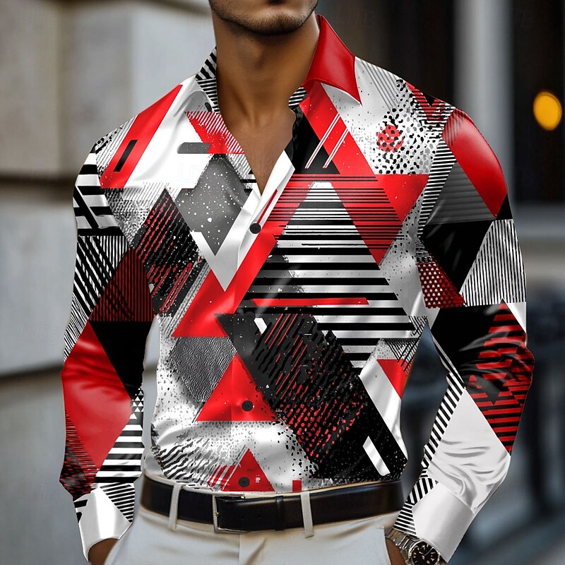 Men's Geometric Color Block Grid / Plaid Shirt Satin Shirt Dress Shirt Long Sleeve Fashion Casual Vacation Dailywear Summer Spring Fall Turndown 3D Print Button Up Shirts Red Purple Orange Dark Blue4