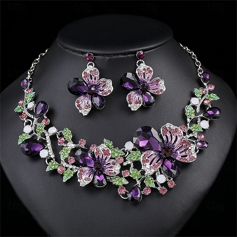 Jewelry Set Two-piece Suit Purple Chrome Earrings Necklace Women's Elegant Vintage Fashion Vintage Style Classic Jewelry Set For Wedding Party Wedding Guest4