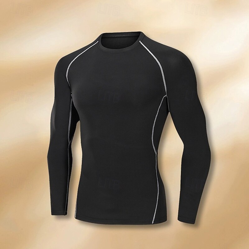Men's Compression Shirt Fleece Base Layer Workout Tops Long Sleeve Top Athleisure Solid Colored Warm Basketball Running Yoga Sportswear Activewear black+dark grey Black Light Black3