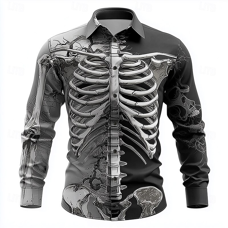Halloween Men's Optical Illusion Skeleton Shirt Button Up Shirt Long Sleeve Dark Punk Gothic Style Outdoor Holiday Summer Spring Turndown 3D Print Collared Shirts White+Black Black Brown2