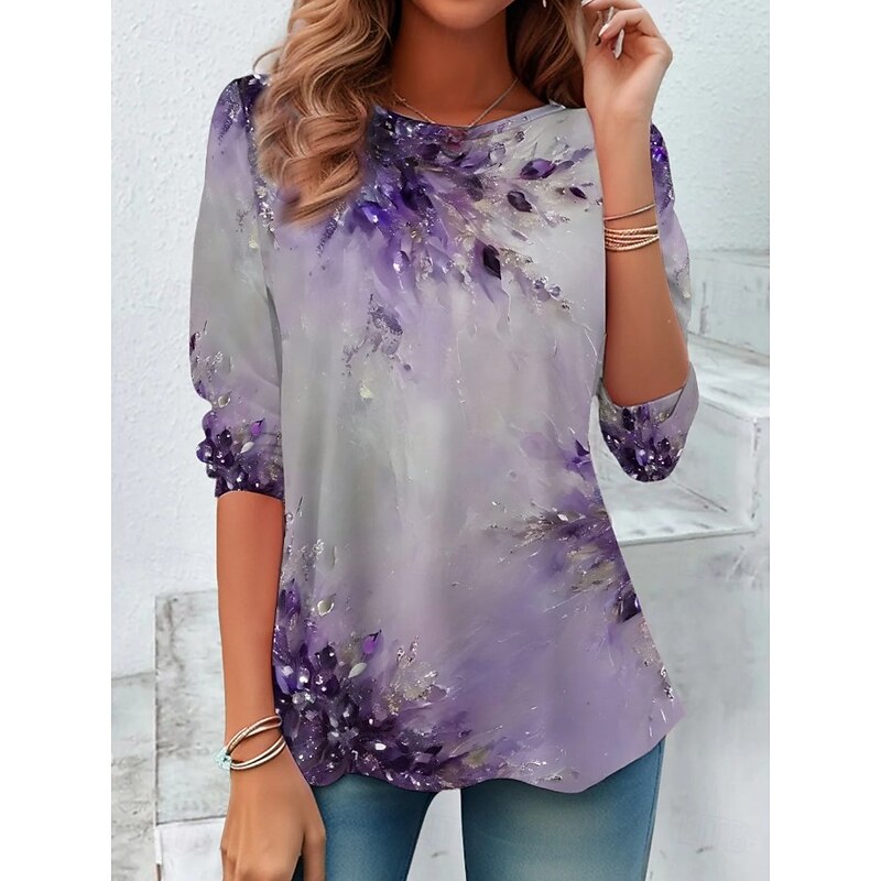 Women's T shirt Crew Neck Long Sleeve Tunic Graphic Geometric Striped Vintage Stylish  Round Neck Regular Tops Daily Print White Pink Blue Purple Fall3