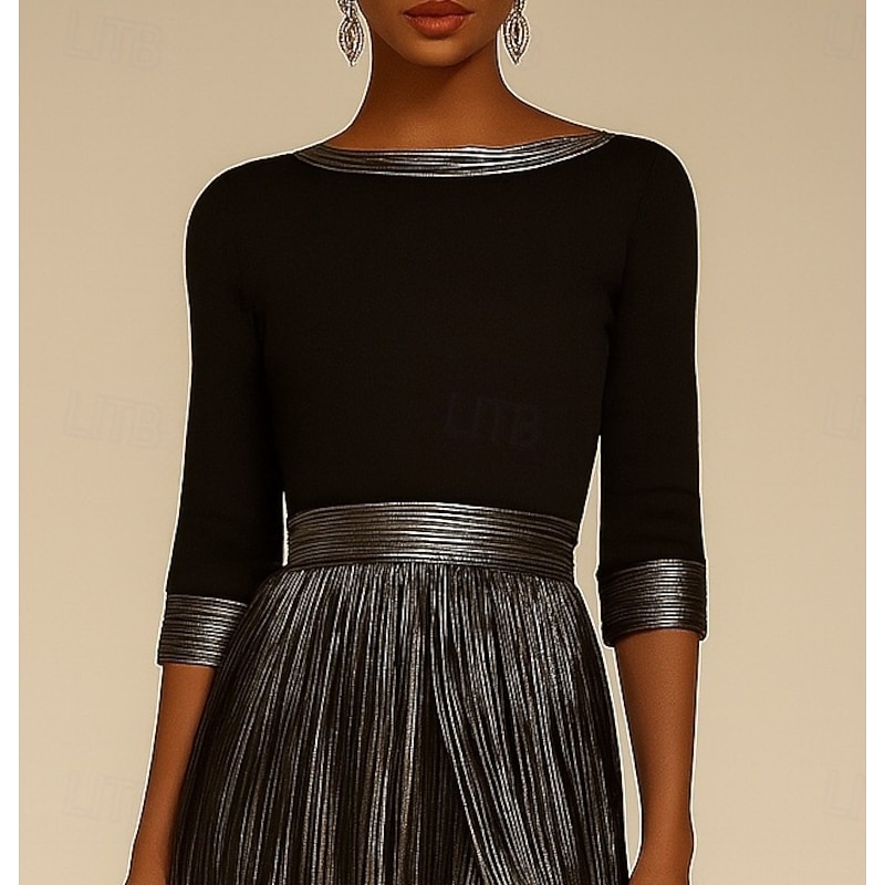 Black Gold A-Line Evening Gown Elegant Dress Formal Wedding Floor Length Long Sleeve Boat Neck Champagne Mother Of the Bride Dress Stretch Satin with Pleats 20254