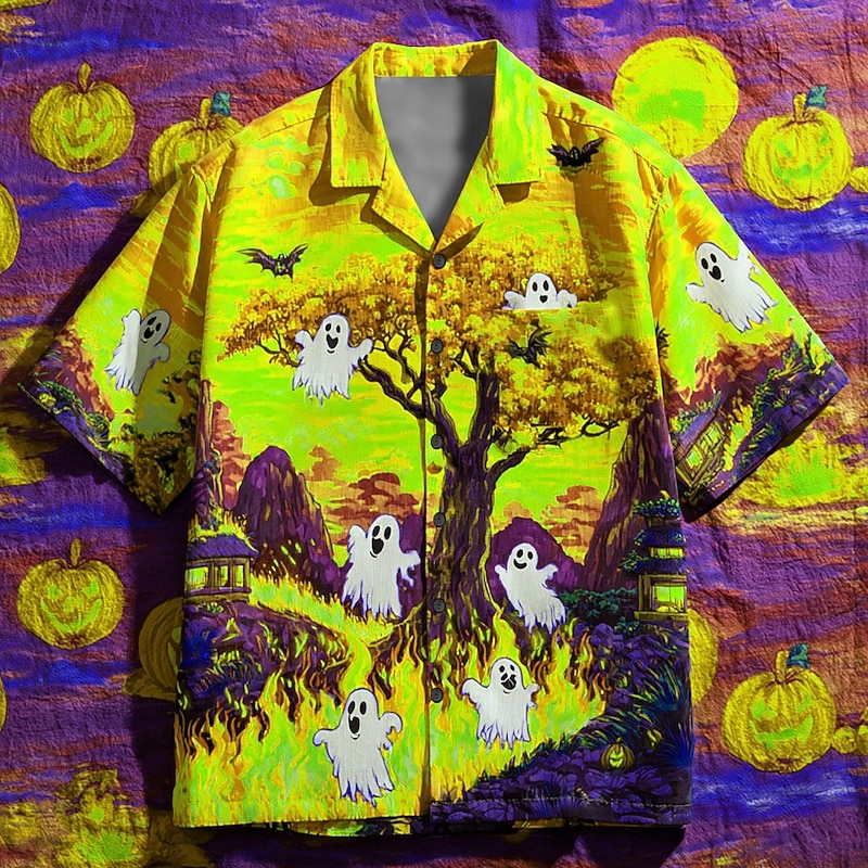 Halloween Men's Ghost Bat Fire Shirt Cuban Collar Shirt Button Up Shirt Short Sleeve Dark Punk Gothic Style Holiday Streetwear Summer Camp Collar Shirt 3D Print Blue Orange Green3