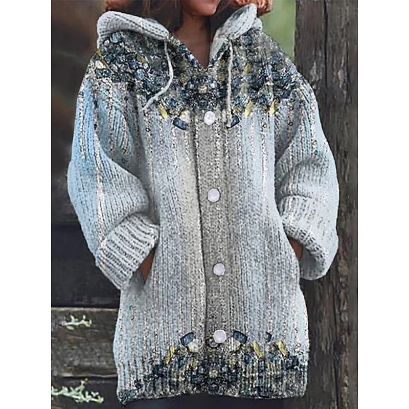 Women's Cardigan Vacation Daily Floral Ribbed Hooded Knitted Print Front Pocket Long Sleeve Regular Tops Knit Outdoor Daily Holiday Blue Orange Fall Winter2