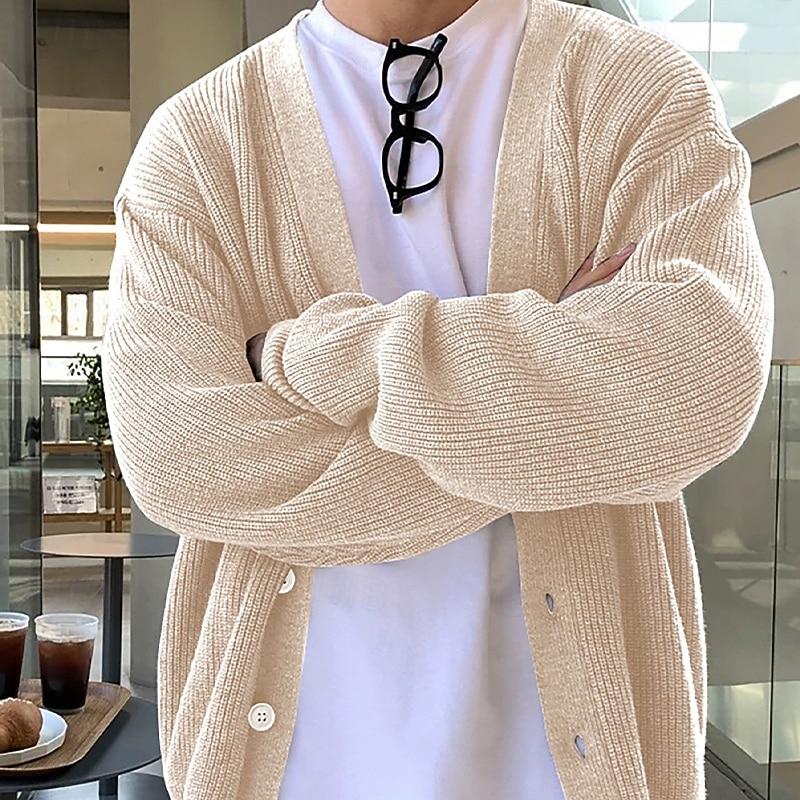 Men's Sweater Cardigan Sweater Ribbed Knit Regular Tops Knitted Plain Collarless Vacation Fashion Casual Daily Wear Clothing Apparel Spring &  Fall Beige M L XL