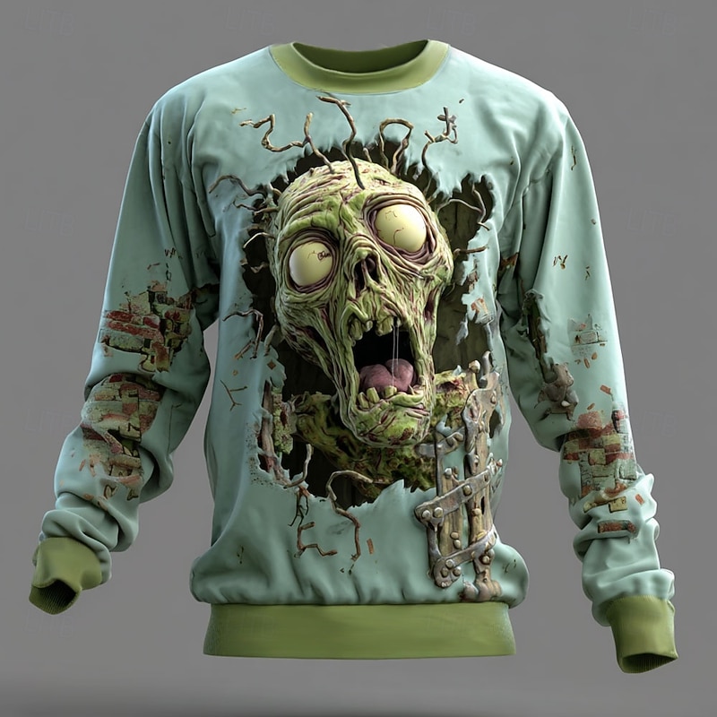 Halloween Men's 3D Zombies Sweatshirt Punk Party Crew Neck Vacation Light Green Purple Crewneck 3D All Seasons Designer