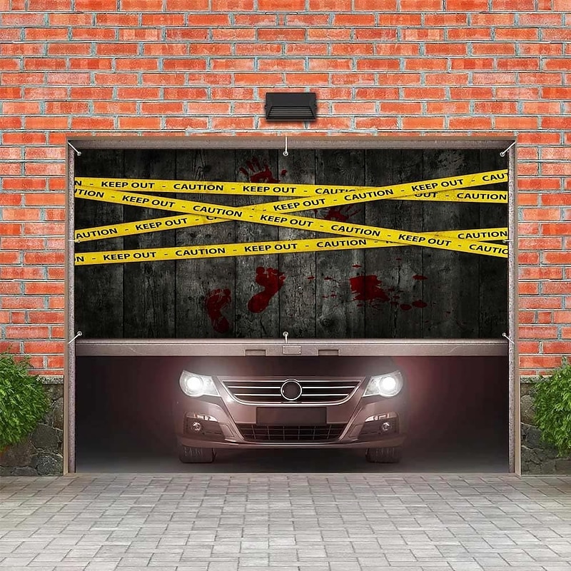 Halloween Tapestry Garage Door Cover Large Hanging Backdrop Caution Tape Bloody Handprints Modern Dark Punk Gothic Style Party Outdoor Shooting Backgrounds Yard Haunted House Home Decor4