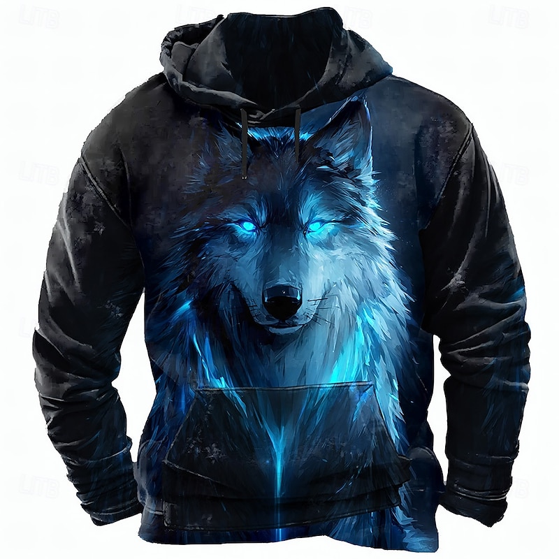 Men's Wolf 3D Print Sweatshirt Cool Party Long Sleeve Crew Neck Club Streetwear Red Blue Drawstring Fall Winter Designer
