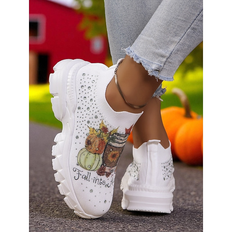 Women's Flyknit Slip-On Sneakers with Autumn Pumpkin Coffee Print – Lightweight Casual Fall Walking Shoes for Halloween & Harvest Festival4