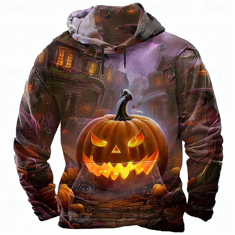 Halloween Men's Pumpkin 3D Hoodie Sweatshirt Punk Exaggerated Long Sleeve Crew Neck Club Streetwear Rust Red Blue Drawstring Fall Winter Designer3
