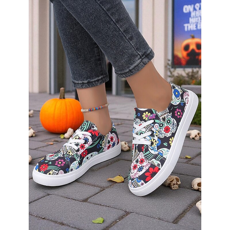 Women's Orange Halloween Skull & Pumpkin Rose Print Canvas Sneakers - Lace-Up Casual Shoes for Fall Streetwear & Costume Parties