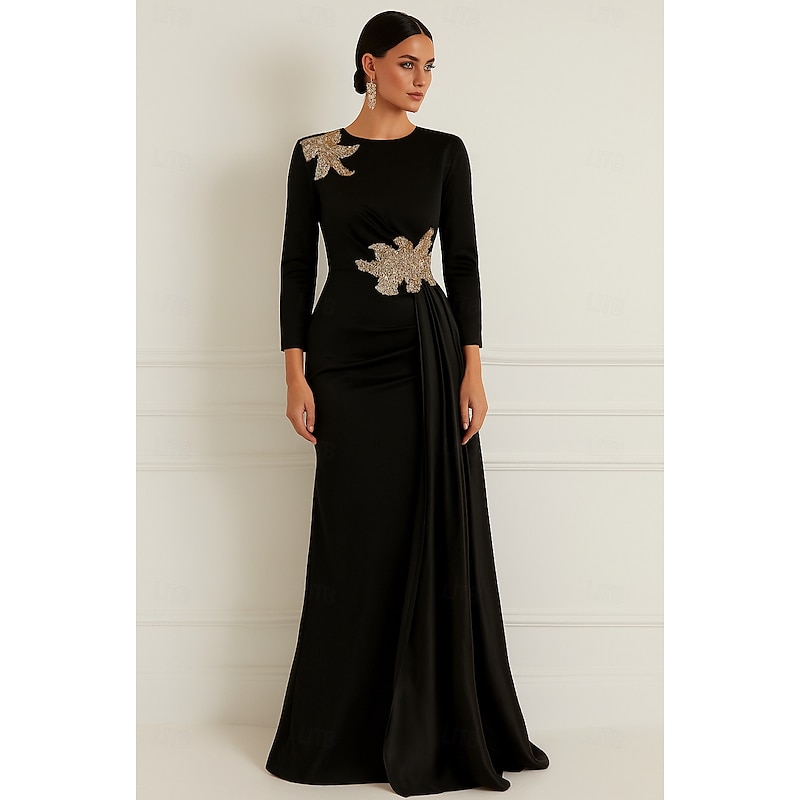 Black Tie Column Evening Gown Elegant Dress Formal Wedding Floor Length 3/4 Length Sleeve Crew Neck Pink Dress Stretch Satin with Glitter Pleats 2025