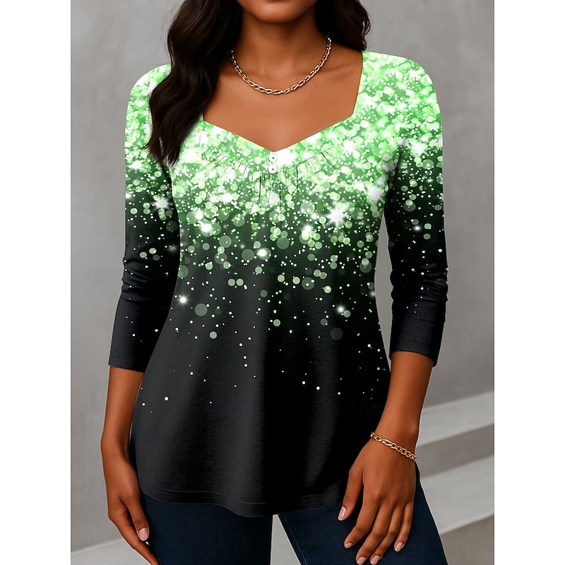 Women's T Shirt Ombre Graphic Vintage Fashion Stylish Long Sleeve V Neck Asymmetric Neck Regular Tops Daily Weekend Vacation Wear Buttons Print Pink Blue Purple Green Gray Summer Spring4