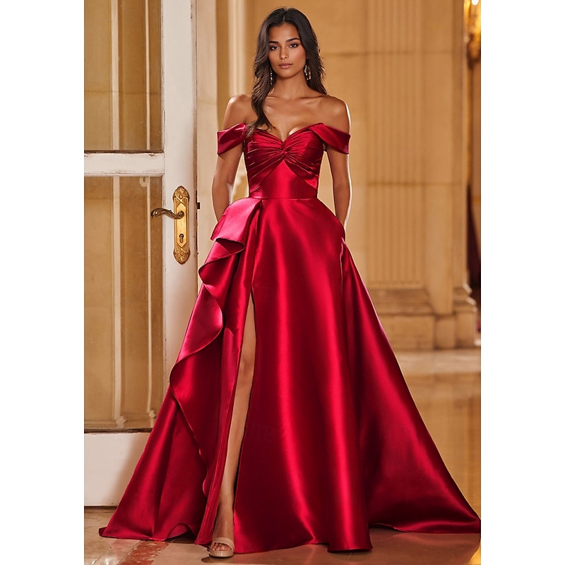 Burgundy Evening Gown Elegant Dress Formal Wedding Court Train Off Shoulder Sweetheart Stretch Satin with  Ruffles Slit and Pockets 20252