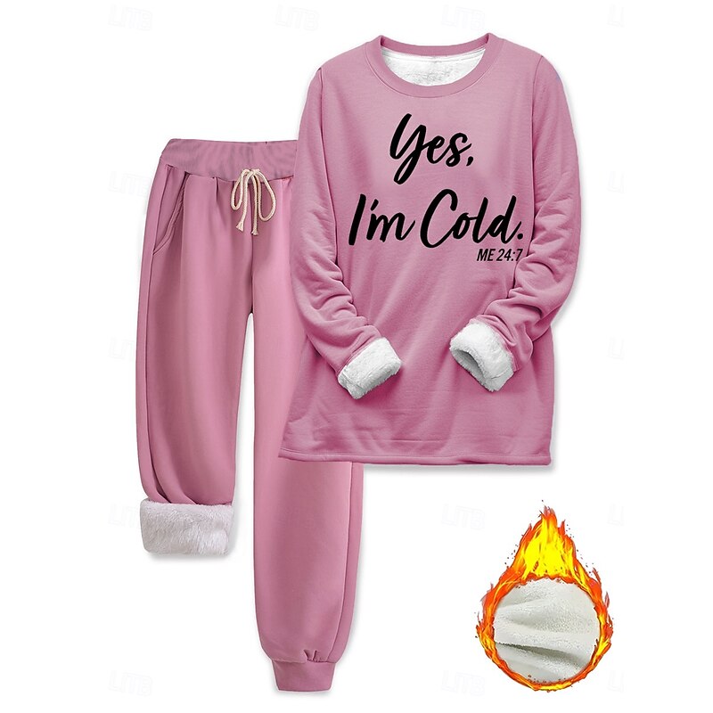 Women's Elegant Warm Fashion Two Piece Sets Tracksuit Pants Sets Long Sleeve Bishop Sleeve Crew Neck Round Neck Graphic Letter Print Outdoor Vacation Casual Black Pink Dark Pink Spring Regular Fit