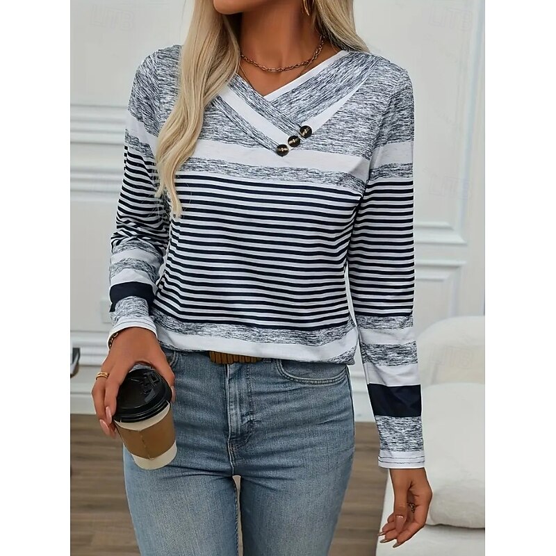 Women's T Shirt Graphic Geometric Vintage Stylish Classic Long Sleeve Crew Neck V Neck Regular Tops Daily Buttons Print Asymmetrical Gray Spring Fall3