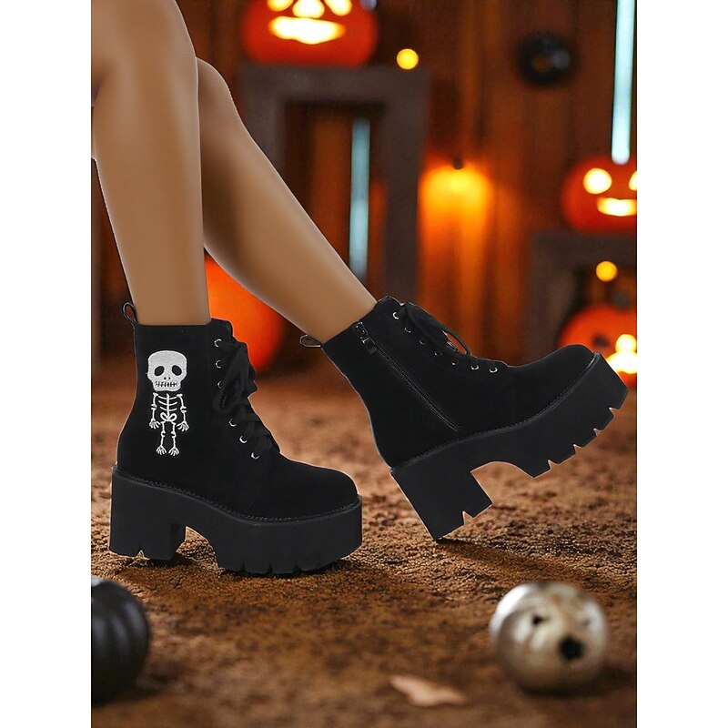 Women's Gothic Black Suede Platform Boots - Skeleton Embroidery Lace-Up Chunky Heel Ankle Boots for Halloween, Fall Cosplay & Party Wear4