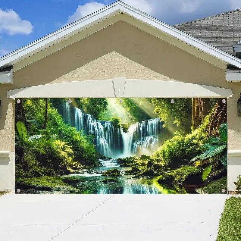 Garage Door Cover Large Hanging Backdrop Waterfall Jungle Forest Rustic Cottagecore 3D Party Outdoor Shooting Backgrounds Front Door Home Decor2