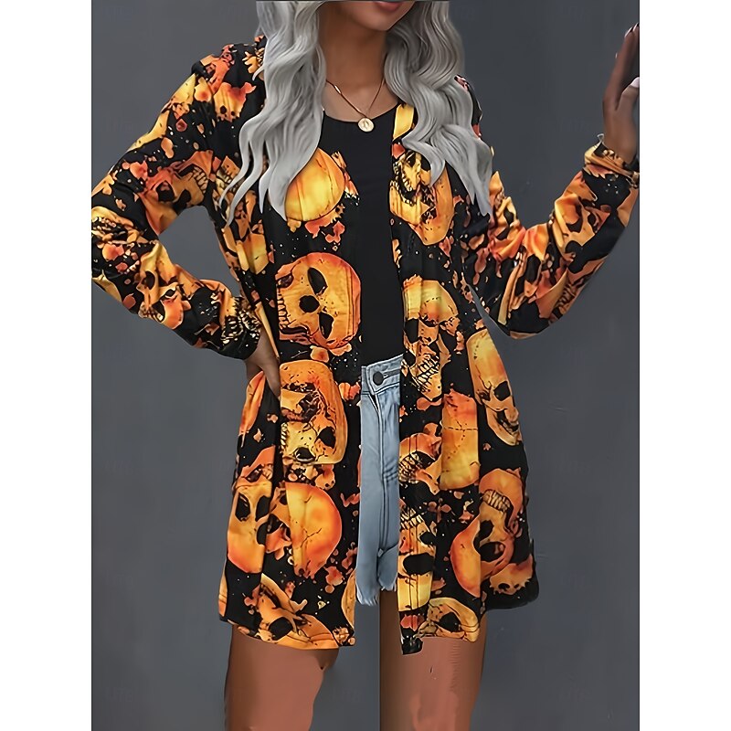 Halloween Women's Coat Lightweight Comfortable Skulls Print Open Front Vintage Artistic Casual Skull Casual Long Collarless Regular Fit Long Sleeve Outerwear Orange Spring Fall3
