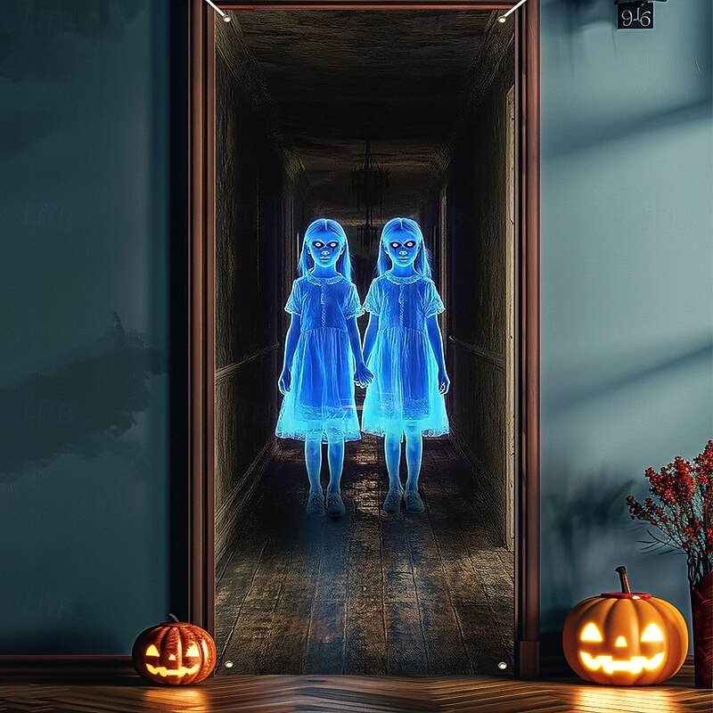 Halloween Door Covers Haunted Stairway Creepy Girl Door Curtain Decoration Backdrop Door Banner for Front Door Farmhouse 2025 Halloween Holiday Party Indoor Outdoor Decor Supplies4