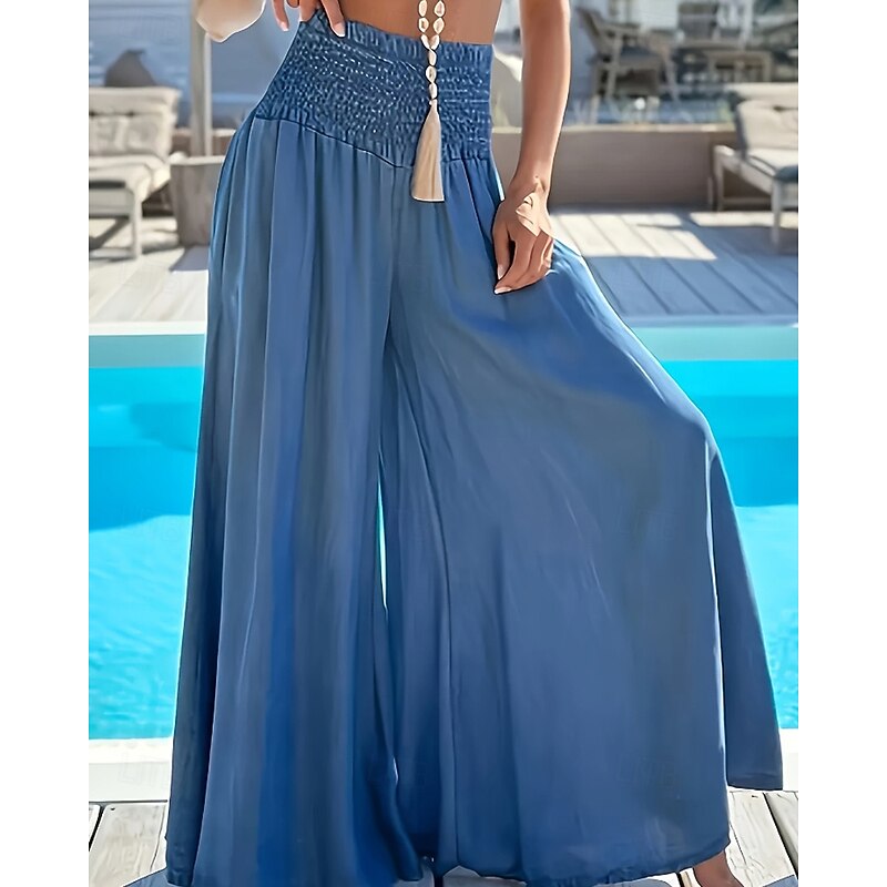 Women's Wide Leg Slacks Streetwear Casual Full Length Natural Plain Elastic Waist Comfy Street Holiday Daily Wear Black Red Blue Fall Regular Fit