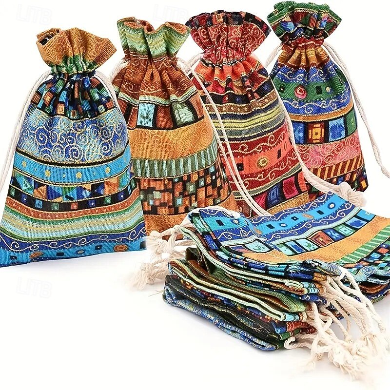 12PCS Woven Jewelry Gift Bags, Colorful Bohemian Drawstring Pouches, Patriotic-Themed Linen Bags for Weddings, Parties, Birthdays, Seasonal Celebrations in Spring, Summer, Fall and Winter