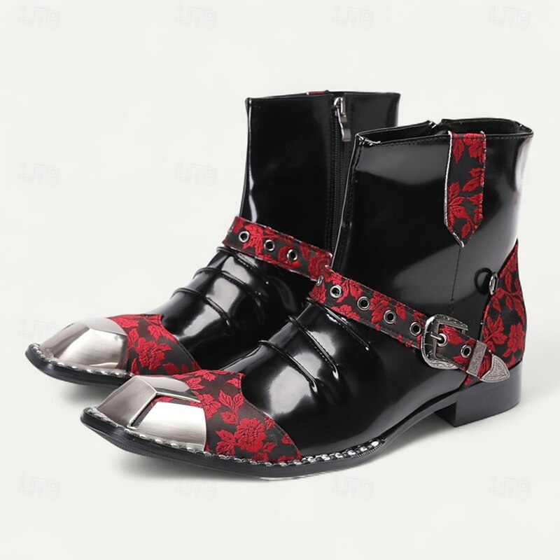 Men's Black Patent Leather Ankle Boots with Red Gothic Pattern, Punk Style Dress Boots for Parties, Stage Performance and Nightlife2