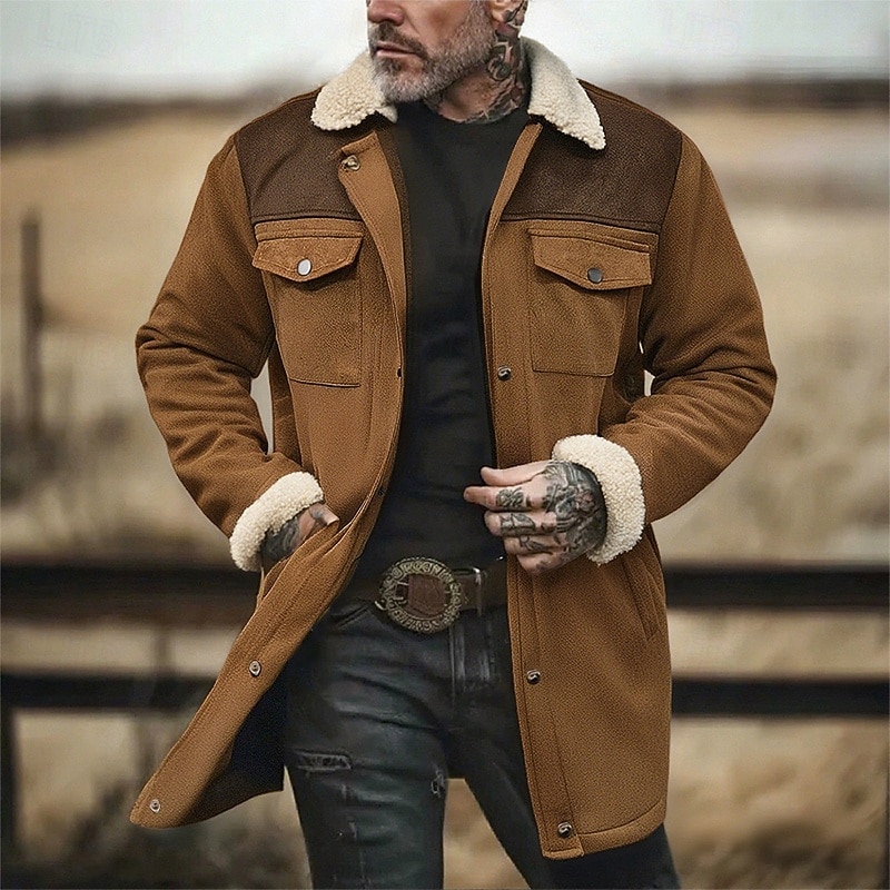Men's Faux Suede Jacket Winter Jacket Sherpa Jacket Vacation Daily Thermal Warm Pocket Fleece Fall Winter Color Block Fashion Streetwear Lapel Long Camel Army Green Dark Blue Gray Jacket