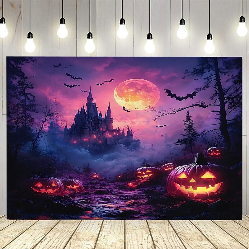 Halloween Photograph Backdrop Tapestry, Pumpkin Lantern, Bat, and Moon Pattern Wall Hanging, Large Decorative Mural for Bedroom, Living Room, Party, and Home Decoration4