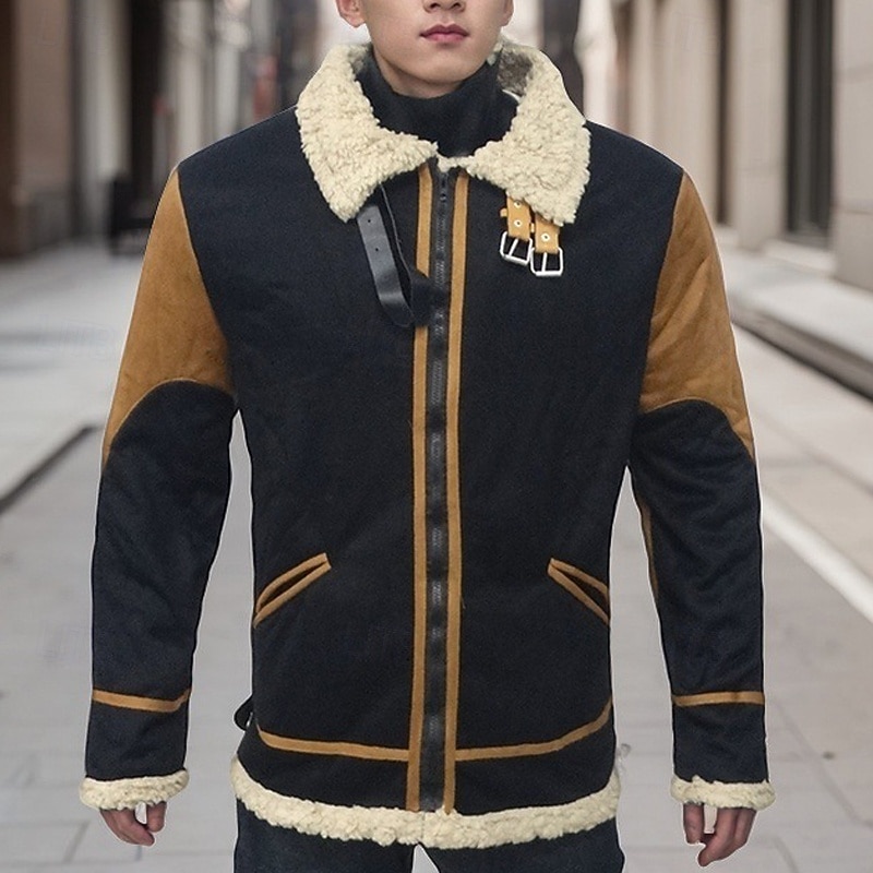 Men's Winter Jacket Sherpa Jacket Vacation Daily Thermal Warm Pocket Fleece Winter Color Block Fashion Streetwear Lapel Regular Yellow Red Blue Coffee Jacket4