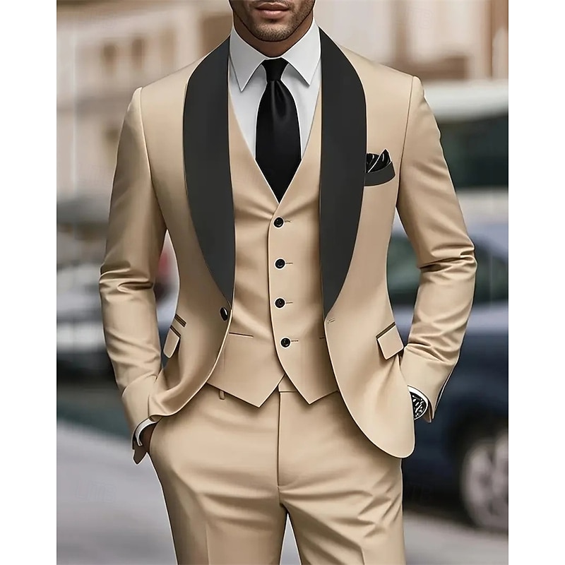 Men's Blazer+Vest+Dress Pants Set Suits Business Cocktail Party Wedding Party 3 Piece Fashion Casual Spring Fall Polyester Color Block Pocket Buttons Comfortable Single Breasted Blazer Black White2