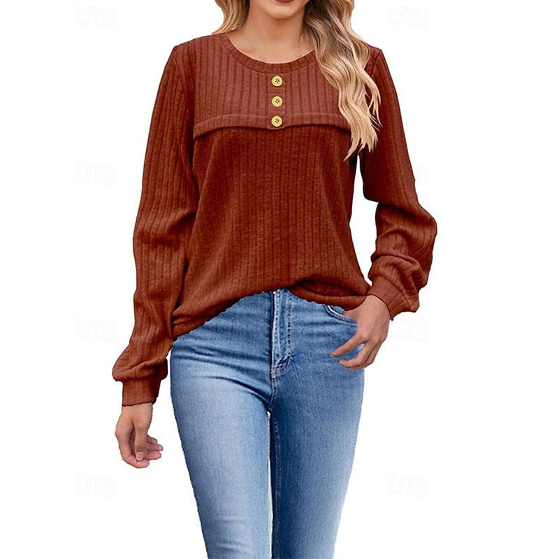 Women's Blouse Plain Modern Casual Long Sleeve Crew Neck Regular Tops Daily Holiday Going out Buttons Wine Beige Fall4