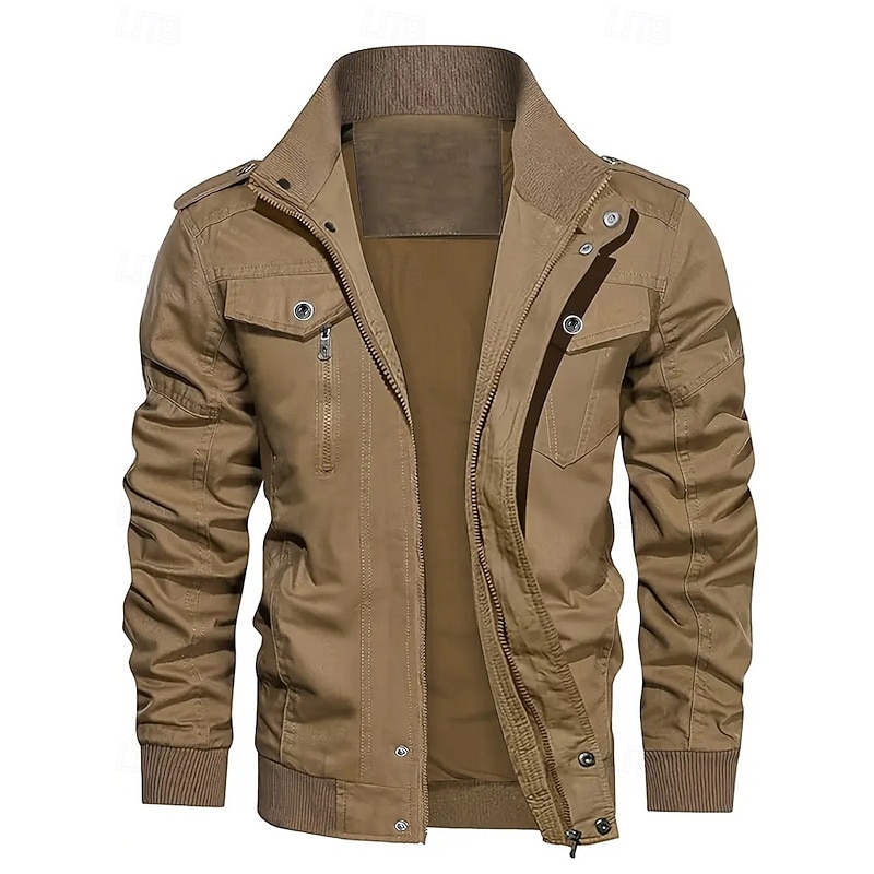 Men's Utility Jacket Cargo Jacket Vacation Daily Warm Pocket Fall Winter Plain Fashion Classic Lapel Regular Black Khaki Army Green Jacket
