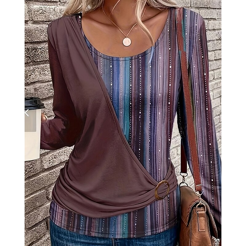 Women's T Shirt Floral Casual Long Sleeve Crew Neck Regular Tops Daily Weekend Patchwork Print Blue Brown Green Fall3